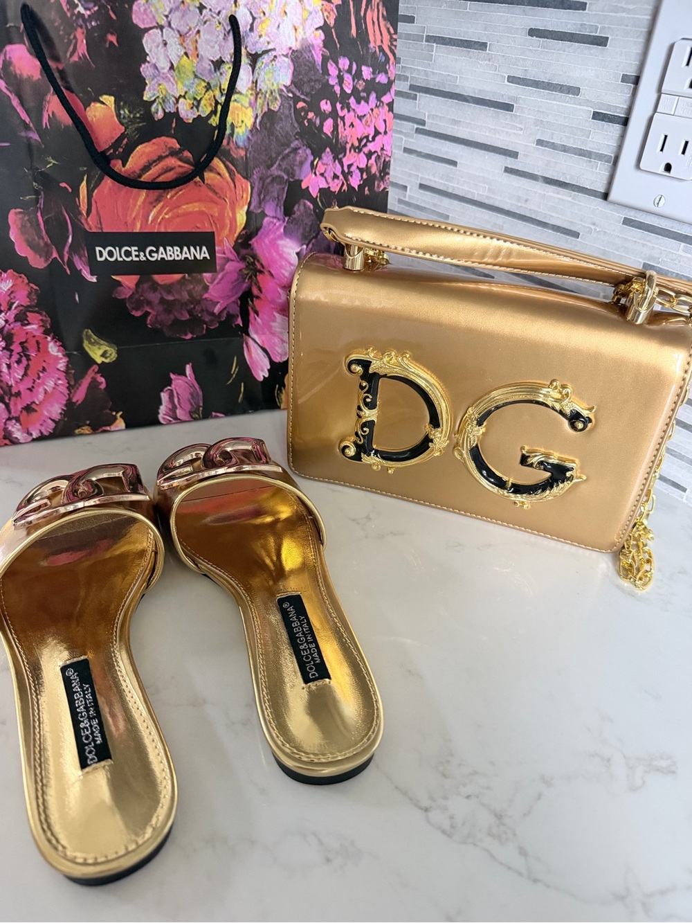 Metallic Gold Patent DG-Emblem Shoulder Bag with Matching Slides size 6 - Picture 7 of 16